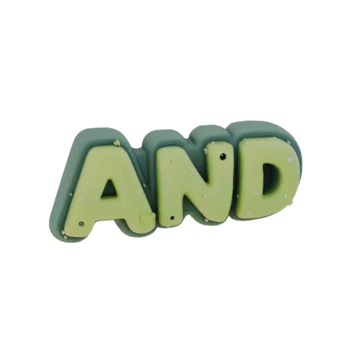 3D model of volumetric green text "AND" with white dots, on a white background