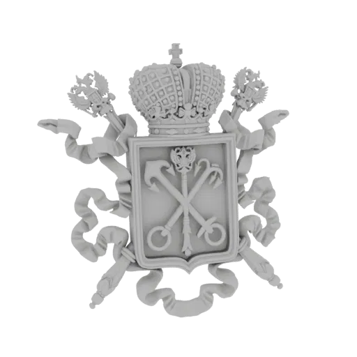 3D model of the Imperial Russian Coat of Arms, featuring a detailed crown, shield with crossed anchors, and imperial scepters
