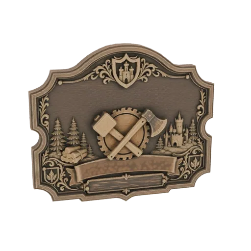 3D model of a medieval woodcutter emblem plaque with crossed axe and hammer, forest, and castle motifs.