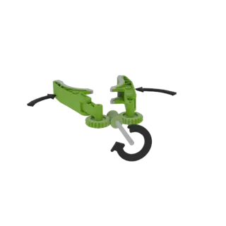 3D render of a green worm gear clamp with visible gears and a black rotating arrow, set against a white background.