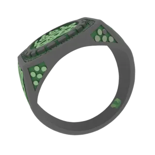 Modello 3D di un anello sigillo grigio scuro con un dettagliato design a nodo celtico e intarsio verde luminoso sulla faccia