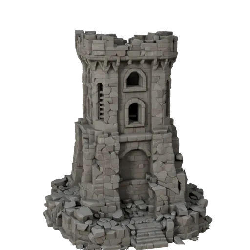 Ruined Tower Base Low Poly 3D model, game viewport three-quarter view, showing aged stone, built remnants.