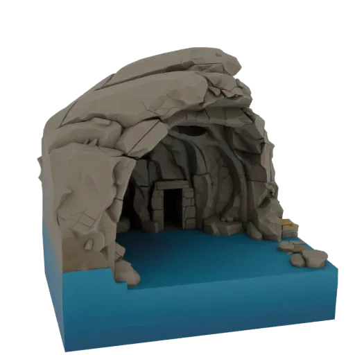 Underground Lake Cave Printable 3D model, isometric tabletop STL render, showing aged stone, water edges.