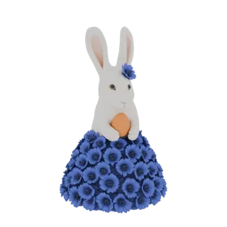 Modelo 3D de un conejo de Pascua blanco con vestido floral azul y huevo naranja, con una flor azul en la cabeza.