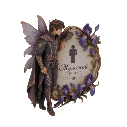 3D model of a male fairy with purple wings leaning on a restroom sign decorated with irises.