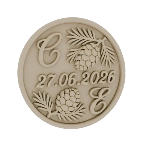 3D model of a round coin with a raised relief of a pine cone and fir branches, dated 27.06.2026.