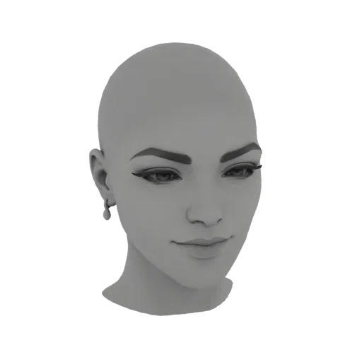 3D render of a stylized female head bust with dramatic eyeliner and a bald head, presented on a black background.