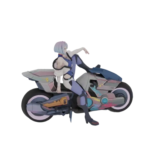 3D model of a cyberpunk female rider with blue and pink hair, wearing a white and blue outfit, sitting on a futuristic motorcycle with colorful decals.
