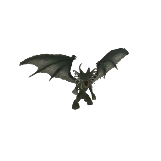 Modelo 3D de una abominación eldritch oscura y alada con tentáculos en la cabeza y grandes alas extendidas.