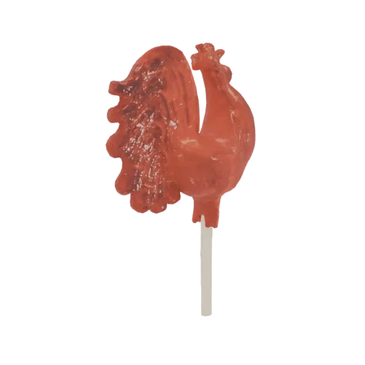 3D model of a red rooster-shaped lollipop on a white stick against a black background.