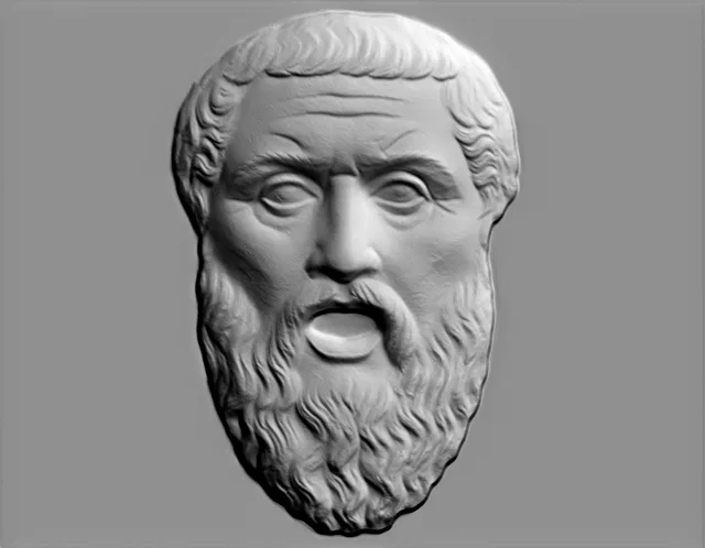 3D model of an ancient philosopher bas-relief with a beard and open mouth, in the style of classical sculpture.