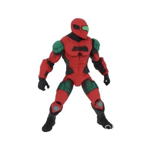 A 3D render of a red and green sci-fi warrior action figure standing in a dynamic pose against a white background.