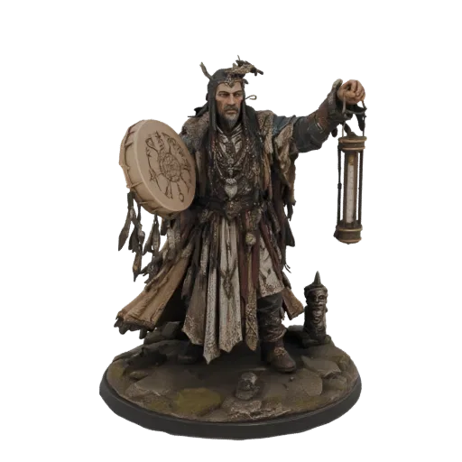 3D model of a shaman figure with a drum and hourglass, wearing tribal clothing and standing on a rocky base.