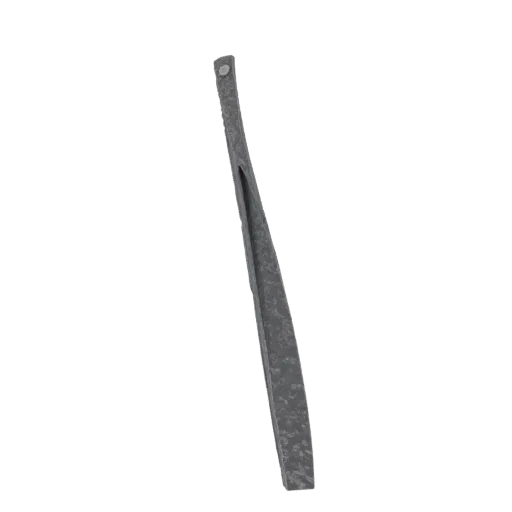 3D model of a textured dark gray metal shoehorn with a hanging hole at the top, presented against a black background.