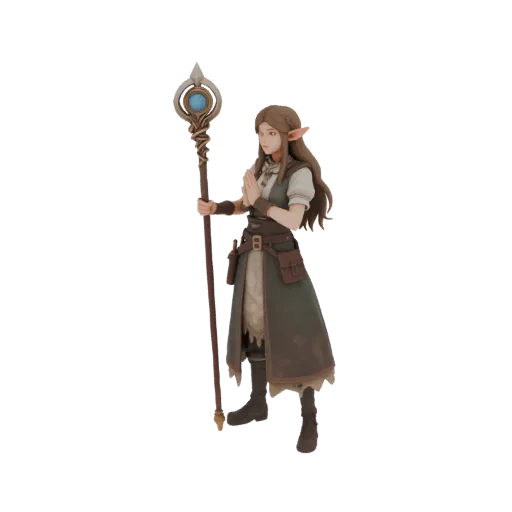 3D Modell einer Elf-Priesterin im Reisekostüm, die einen Stab mit blauem Kristall hält, Hände zum Gebet gefaltet.