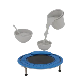 Modelo 3D: leche fluye de un cubo a un cuenco sobre un trampolín azul, con una cuchara en otro cuenco al lado