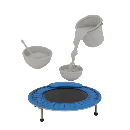 3D-Modell: Milch fließt aus Eimer in Schüssel auf blauem Trampolin, mit Löffel in einer anderen Schüssel daneben