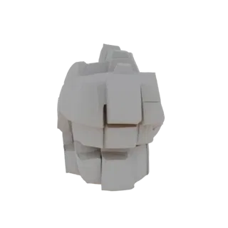A 3D render of an abstract rock formation composed of interlocking geometric blocks, with a matte white finish, set against a
