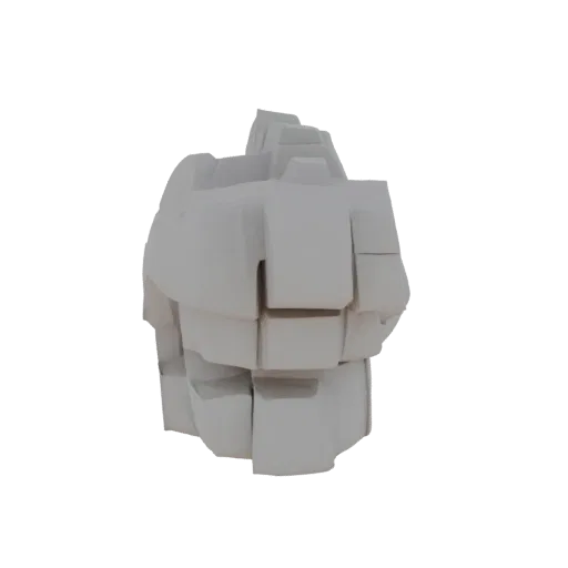 A 3D render of an abstract rock formation composed of interlocking geometric blocks, with a matte white finish, set against a