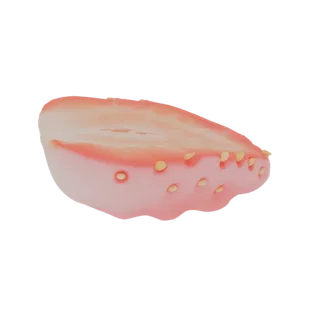 Un rendu 3D d'une tranche de fraise, montrant sa chair rose et ses pépins jaunes sur fond noir.