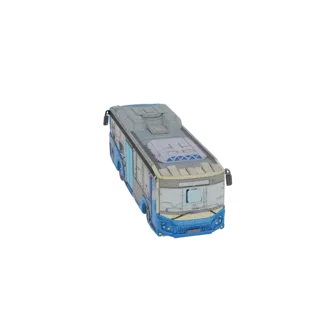3D-Modell eines futuristischen Stadtbusses in Blau-Grau, von schräg vorne betrachtet.