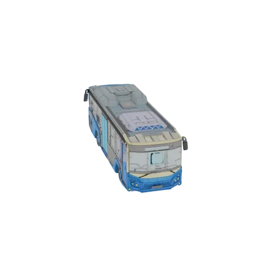 3D model of a futuristic city bus with a blue and grey exterior, viewed from a three-quarter angle.