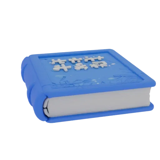 3D model of a closed blue book with a white embossed pattern on the cover and splatters