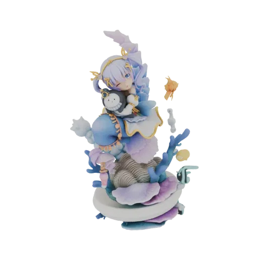 3D model of a cute chibi mermaid girl with purple hair, holding a plush toy, sitting on a colorful coral reef base.