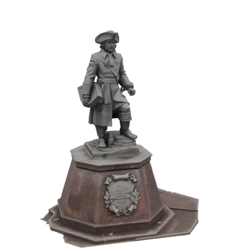 3D model of an 18th-century gentleman statue holding a book, standing on a pedestal with a decorative plaque.