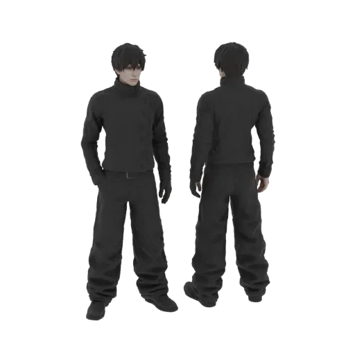 Front and back view of a 3D model of an anime-style male character with dark hair, wearing a black high-neck jacket and loose