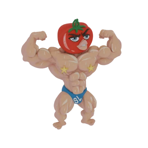 3D model of a buff tomato character flexing its muscles, wearing blue wrestling briefs with yellow stars.