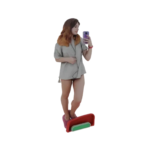 Modello 3D di giovane donna con capelli castani, cuffie e smartphone, su base rossa e verde.