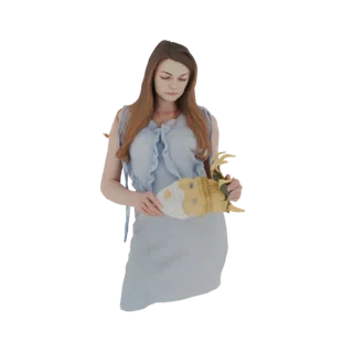 Modello 3D di una donna con abito azzurro che tiene una maschera dorata decorativa, isolata su sfondo bianco.