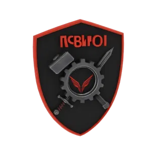Modelo 3D de emblema industrial preto com borda vermelha, apresentando engrenagem com asas vermelhas, martelo e espada, com t