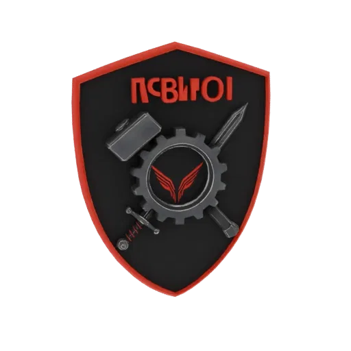 3D model of a black industrial emblem with a red border, featuring a gear with red wings, a hammer, and a sword, with red tex