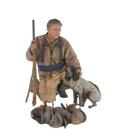 3D model of a hunter kneeling with his dog, holding a shotgun, and a string of ducks at his feet.