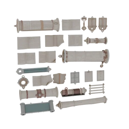 Fantasy Scroll Bundle Printable 3D model, isometric STL render, showing paper-like cards, small readable forms.