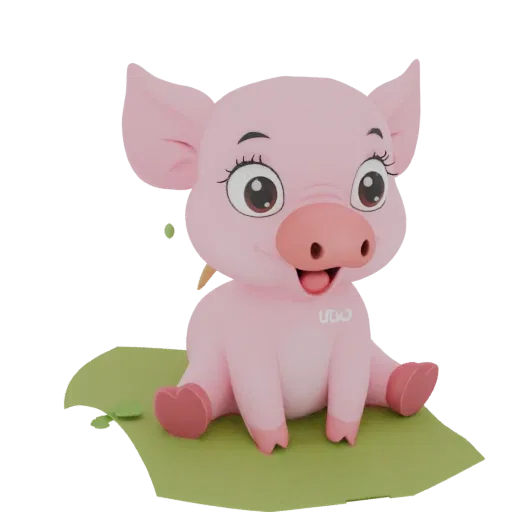 Un rendering 3D di un maialino cartone animato carino e rosa seduto su un prato verde, sorridente con grandi occhi.