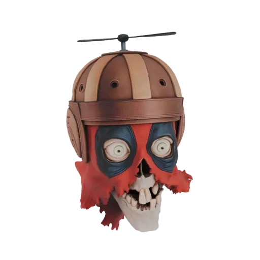 3D model of a skull wearing Deadpool's mask and a brown propeller hat with a spinning propeller, set against a white backgrou