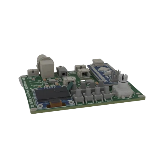 3D model of a compact electronic circuit board with a small display, five grey buttons, and a rotary encoder on a green PCB.