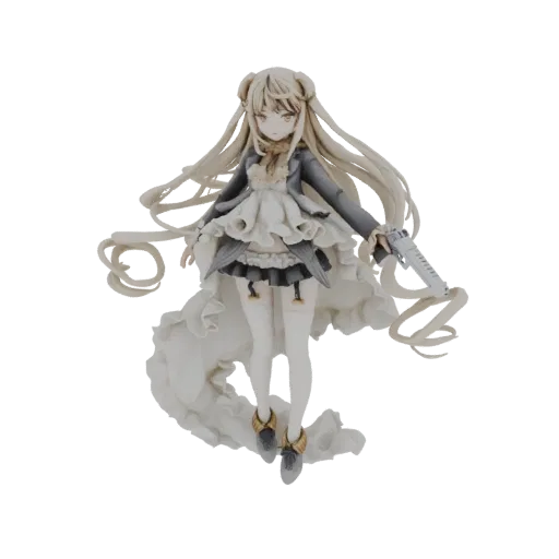 3D model of an elegant anime girl with long blonde hair, wearing a detailed white and grey dress, holding a futuristic gun.
