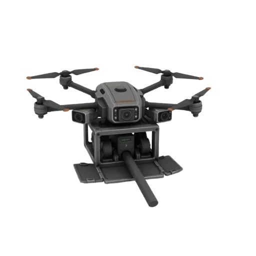 Modelo 3D de drone tático cinza com quatro hélices e sistema de carga útil com cilindro escuro.
