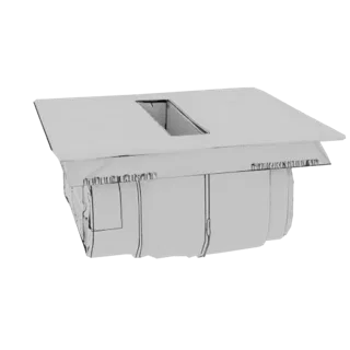 Modelo 3D de uma caixa de papelão marrom claro com uma fenda retangular no topo, mostrado de um ângulo lateral ligeiramente e