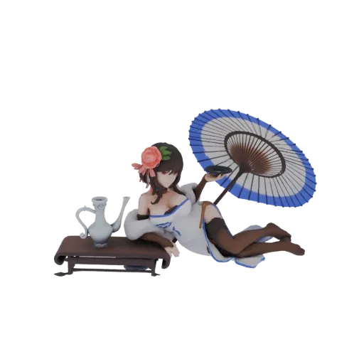 3D model of a geisha in a white kimono with blue trim, reclining on a dark wooden table, holding a blue and white umbrella an
