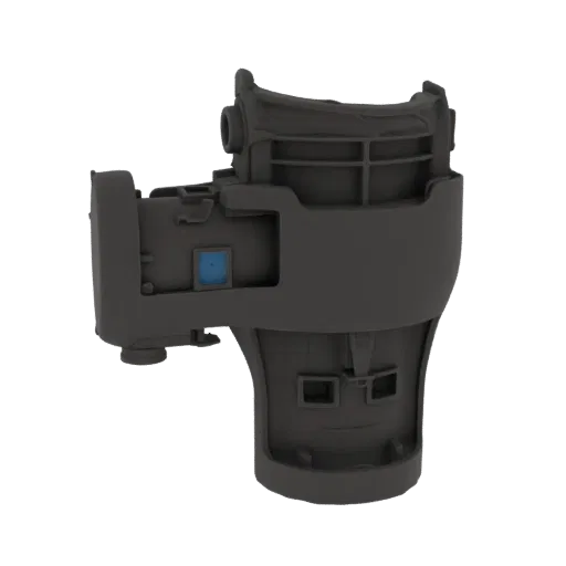 3D model of a dark gray industrial pump housing with a small, bright blue indicator light on the side, set against a black ba