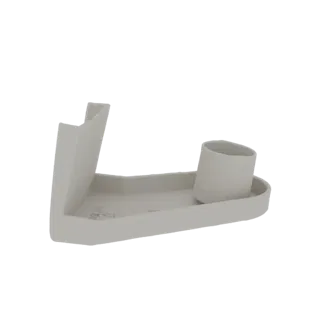 Modello 3D minimalista di un vassoio organizer da scrivania con portapenne cilindrico integrato, mostrato da un'angolazione l