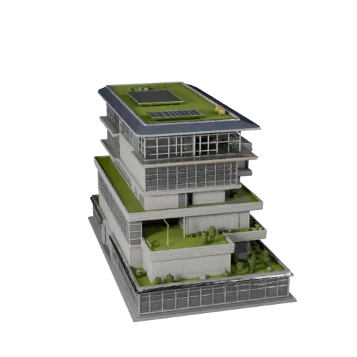 Modèle 3D STL de bâtiment de bureaux durable imprimable, vue isométrique, montrant les matériaux du bâtiment de bureaux comme