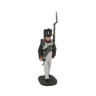 3D model of a Napoleonic era soldier in uniform, holding a musket with bayonet, standing on a textured base.