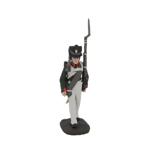 3D model of a Napoleonic era soldier in uniform, holding a musket with bayonet, standing on a textured base.