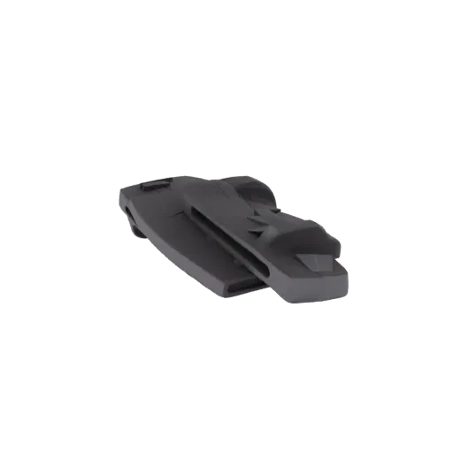Una maqueta 3D gris oscuro de un aerodeslizador futurista con un diseño elegante y aerodinámico, vista desde un ángulo de tre